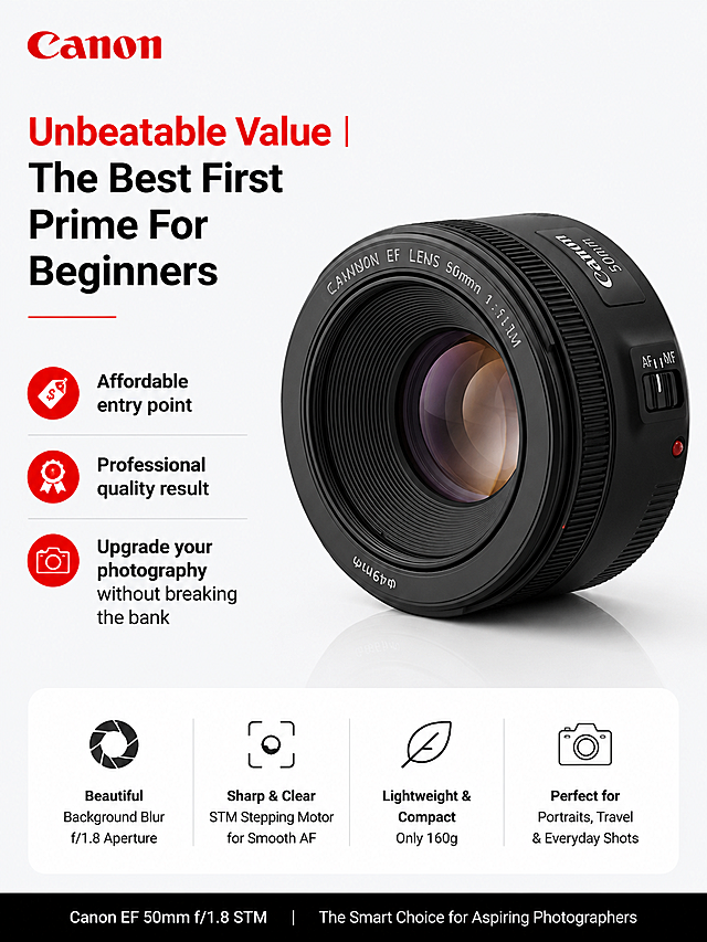 根据佳能EF50 f/1.8 STM产品图「图片1」「图片1」「图片1」「图片1」「图片1」「图片1」「图片1」生成6张带场景突出产品卖点的速卖通主图，设计一套完整的8屏详情页，需要每屏详情页都突出产品的卖点，输出的图片每一屏都必须是竖版的 3:4 尺寸，简约符合佳能的品牌调性，高转换率，英文文案，文字清晰，如有图标则图标完整清晰