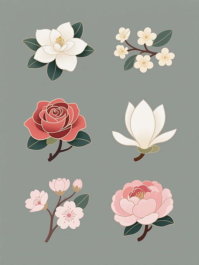六个规整排布的花朵图案素材，每个素材为单一花朵造型，包含栀子花、桂花、玫瑰花、白玉兰、樱花、芍药元素，整体造型简约现代，采用纯色背景，国潮风格，花朵主体突出，线条流畅，色彩鲜明，具有传统与现代结合的设计感，无任何文字及二维码等元素。
