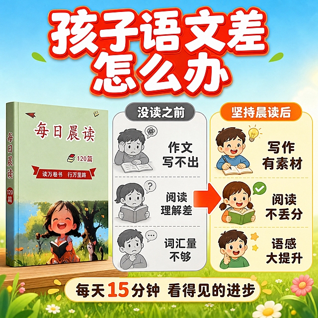 [主图-2] 痛点与学习目标，直击小学生语文学习痛点，展示晨读能解决的问题和学习目标。
[统一基调] 拼多多风格，大字直白、活泼童趣、性价比感强；整体配色以清新草绿+暖橙黄为主，标题字用白色粗体带红色描边，辅助字用深棕色，强调色为橙红色；字体为圆润可爱的粗体卡通字，字号层级分明；卡片为圆角矩形带浅阴影，图标为童趣手绘风。
[画面] 画面左侧放缩小的《每日晨读120篇》书籍，占画面约30%，立在桌面上，正面展示，封面图案与输入图完全一致。画面右侧和中间为痛点与目标对比区域。背景为上半部分浅蓝渐变到下半部分草绿，营造从困惑到明朗的感觉。中间用一个大大的橙红色箭头从左指向右，表示转变。左侧痛点区域有三个灰色小图标代表问题，右侧目标区域有三个彩色小图标代表收获。底部有一条装饰性的草地和小花边。
[光影质感] 柔和均匀的整体光照，书籍有自然立体感和投影，图标和文字清晰明亮，整体氛围从左到右由暗变亮，传递进步感。
[配色] 背景上浅蓝下草绿渐变，痛点区域灰色调，目标区域橙黄+草绿，标题白色带红边，强调色橙红，辅助文字深棕色。
[文字版式] 顶部大标题："孩子语文差 怎么办"，白色粗体带红边，字号最大，居中；左侧痛点区上方小标题："没读之前"，灰色字；痛点三条："作文写不出""阅读理解差""词汇量不够"，每条配一个小灰色图标，深灰色字；右侧目标区上方小标题："坚持晨读后"，橙红色字；目标三条："写作有素材""阅读不丢分""语感大提升"，每条配一个彩色小图标，深棕色字；底部小字："每天15分钟 看得见的进步"，深棕色。文字排版清晰，左右对比结构明了。
[输出要求] 1:1正方形，2048x2048px，文字清晰可读，书籍主体清晰，对比鲜明有冲击力。负向：变形、错字、模糊、杂乱、水印、平台Logo、书籍封面错误、承诺性绝对用语。