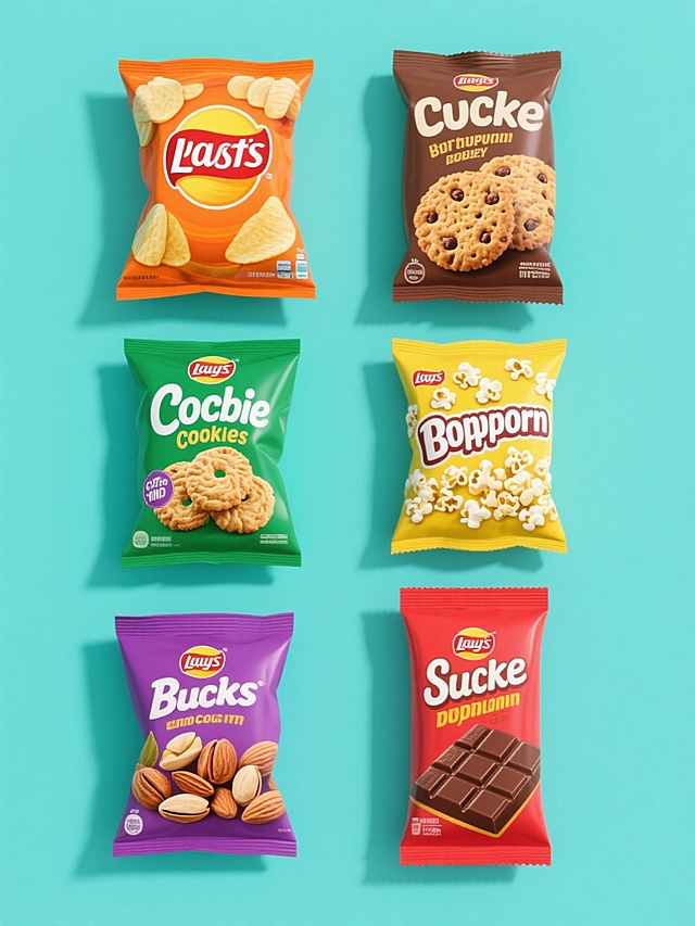 高清写实风格的零食集合海报，纯色背景，整体色彩变换为清新明亮的蓝绿色调，六个不同零食系列规整排布：左侧上方是橙色包装的薯片，右侧上方是棕色包装的饼干，中间左侧是绿色包装的曲奇，中间右侧是黄色包装的爆米花，下方左侧是紫色包装的坚果，下方右侧是红色包装的巧克力，每个零食包装设计精美，字体清晰，突出产品特点，视觉层次分明，信息传达高效，适合年轻受众的零食促销海报设计感。