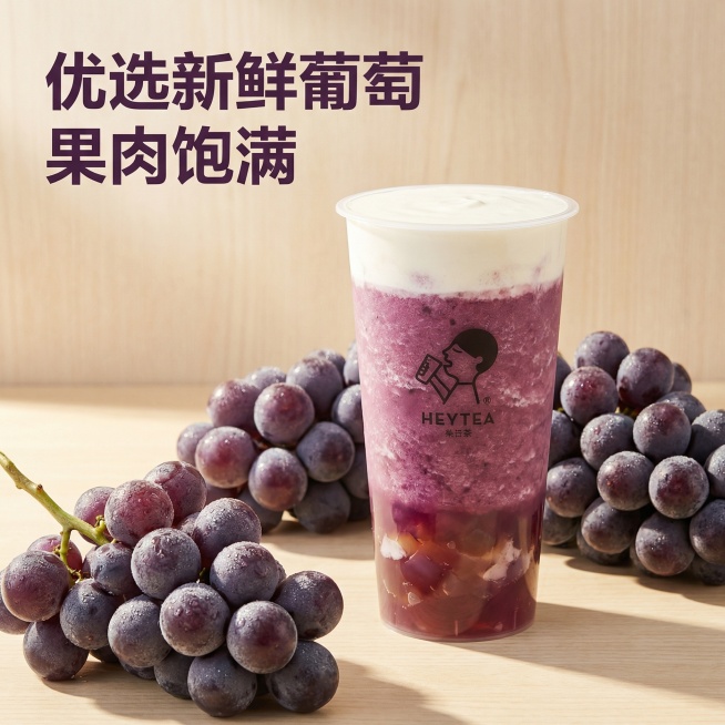 [主图 3] 喜茶多肉葡萄原料展示
[主图主题] 严选新鲜葡萄原料
[氛围/风格] 自然新鲜，干净通透，简约质感
[画面元素] 完整的喜茶多肉葡萄饮品居中放置，周围环绕新鲜采摘的带霜紫葡萄，保留完整果预览效果