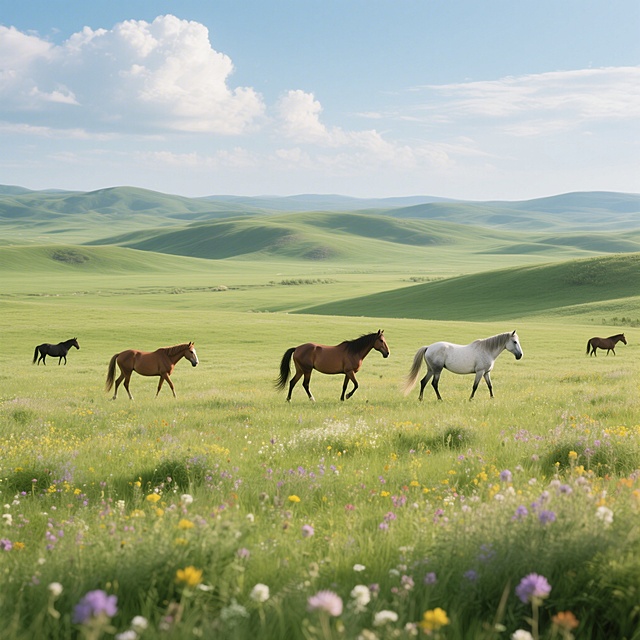 写实摄影风格自然风景，春日草原，广袤的绿色草原上点缀着各色野花，几匹骏马悠闲漫步，远处是连绵的低矮丘陵，天空中飘着朵朵白云，画面充满生机