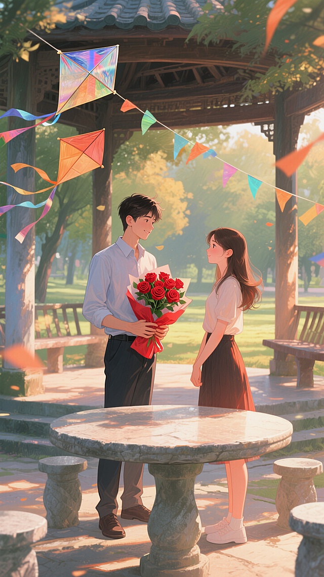 插画风情侣在古亭下，手捧玫瑰，风筝飘扬，浪漫温馨，节日氛围浓厚。