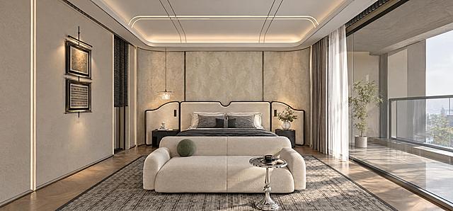 将这张卧室SU模型图渲染为真实实景照片，整体结构、造型、布局、家具位置和原有图案完全保留不变。天花为白色乳胶漆，保留原有线条造型，天花四周有一圈柔和藏光光晕，光晕不曝光。装饰吊灯有灯光氛围，不曝光。左边挂画中间有射灯照射的灯光氛围，射灯光晕在挂画正中间位置，灯光不曝光。墙面白色区域为浅米白色手工漆，保留原有的墙面造型不变。地面为拼花木地板，保留原有地面图案不变，木地板颜色偏自然木色不要太红，哑光质感。沙发底部有地毯，保留原有地毯图案不变。睡床背景为纹理图案，按照原图所示不变，纹理不要太大。沙发前方的小茶几为浅灰色镜面不锈钢材质，茶几桌面上放有咖啡。睡床以及沙发白色区域为浅米白色绒布，黑色区域为深灰色绒布。右边窗外为露台走廊，有玻璃栏杆，加入真实微弱阳光从右边窗外照射进室内的效果，阳光不曝光。左边挂画隔壁为百叶帘。床头柜上方有微弱光晕。整体画面所有灯光不要曝光，体现微弱柔和的灯光光晕，画面不要太暗，接近真实实景效果，超写实摄影，高清细节，真实材质质感。