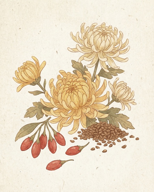 帮我生成菊花 枸杞 决明子在一起的插画 要求画风和所给参考图画风一样预览效果