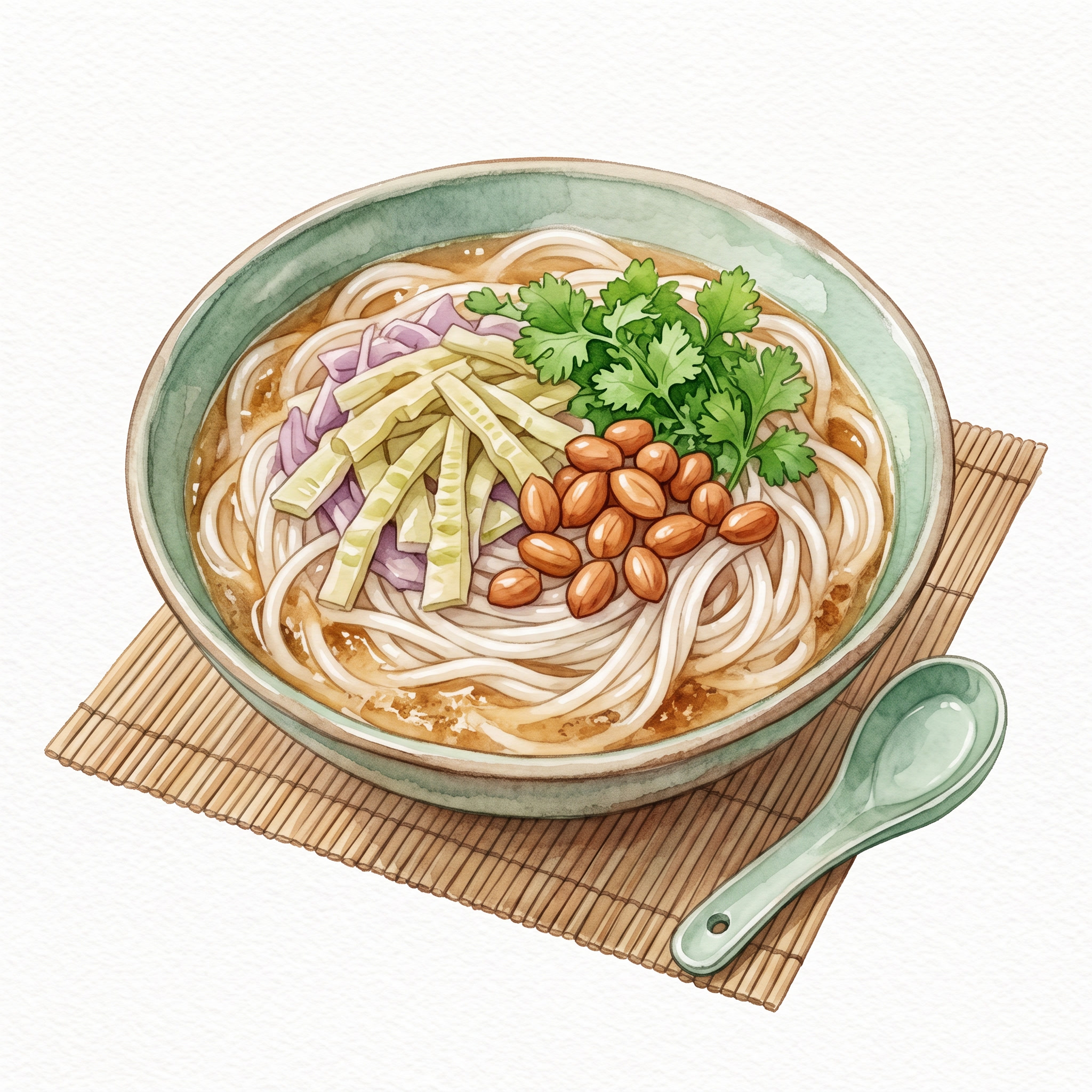 参考这个画风：水彩手绘，清新肌理质感，桂林米粉，爽滑圆粉浸骨汤… - 图片创意预览
