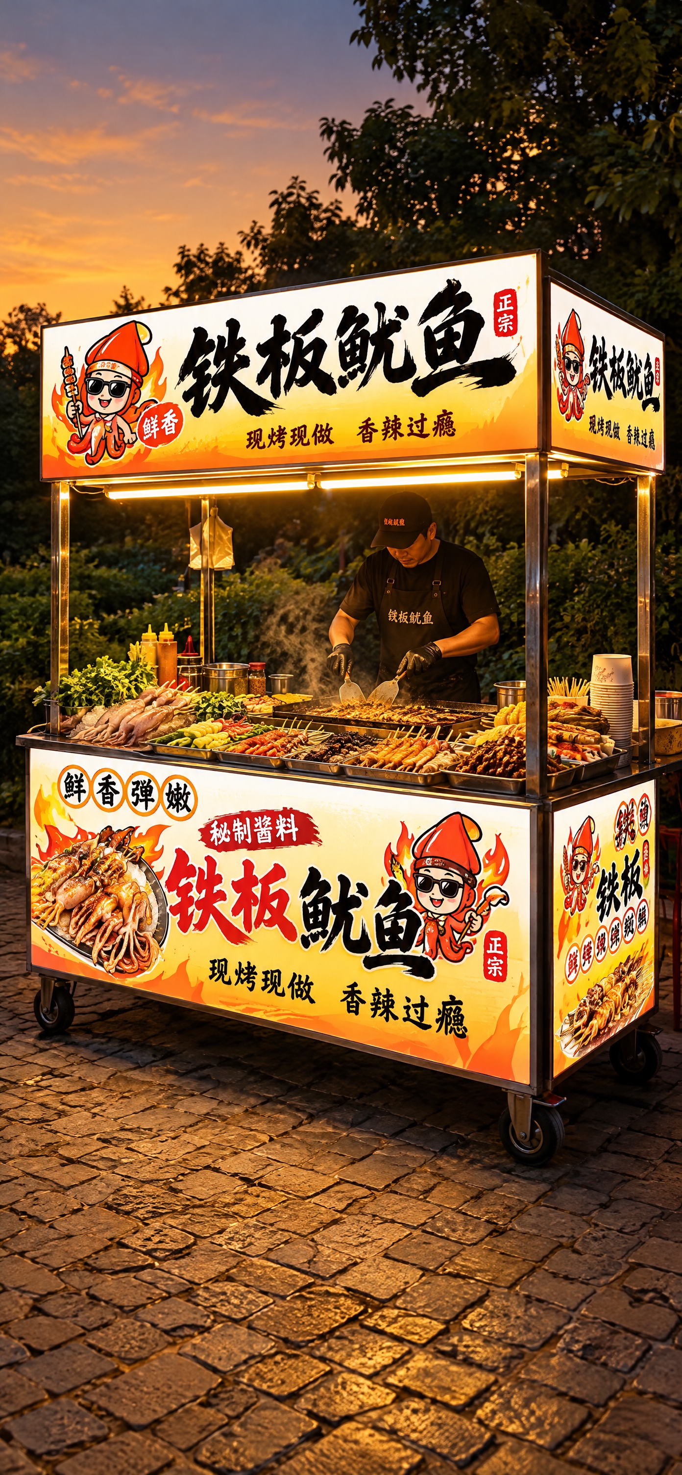 参考图中的小吃推车整体风格，重新生成一辆同类型的夜市小吃推车效… - 图片创意预览
