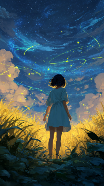 人物远景，一位短发黑发的少女背影，身着素雅浅蓝连衣裙，伫立于森林间，头顶是星光闪烁的辽阔天穹。天空呈现萤火虫以及飞舞的彩蝶，沐浴在温暖的黄金时刻阳光中，柔和的体积光线流淌其间。吉卜力工作室动画风格，宫预览效果