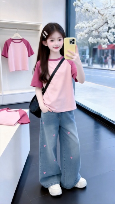 用图1短袖和牛仔裤替换掉图2的模特身上穿的衣服裤子和旁边桌子是折叠的衣服以及后面衣架上挂着的衣服，保留原场景光影，保持图2的人物的五官和发饰不变，姿势不变，背景不变，图片宽高尺寸不变，保持图1的短袖预览效果