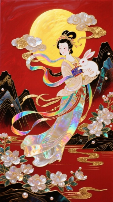国朝风格，嫦娥怀抱玉兔奔向一轮圆月，月亮周围散发出黄色晕圈，嫦娥体态妖娆，衣摆飘逸。周围环绕着祥云和盛开的花朵，背景山脉，中国红底色搭配鎏金色点缀，非常规的动态构图,32K分辨率预览效果