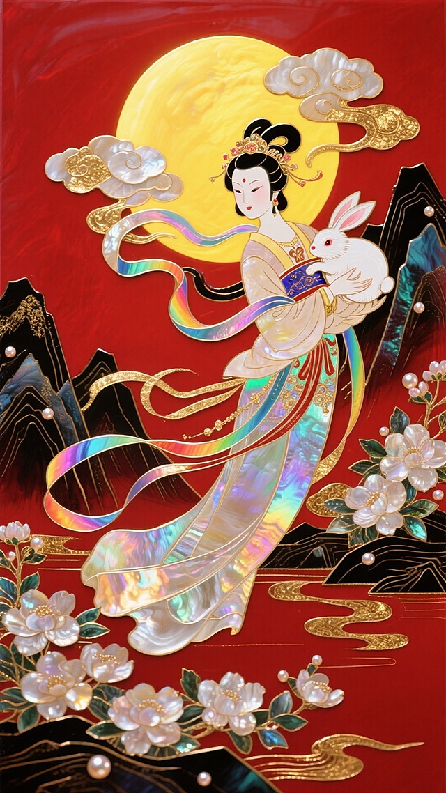 工笔风与国潮风融合，嫦娥怀抱玉兔，彩带飘舞，鎏金浮雕山峦衬托明月，刺绣质感花枝点缀，红金配色尽显古典喜庆与梦幻唯美。