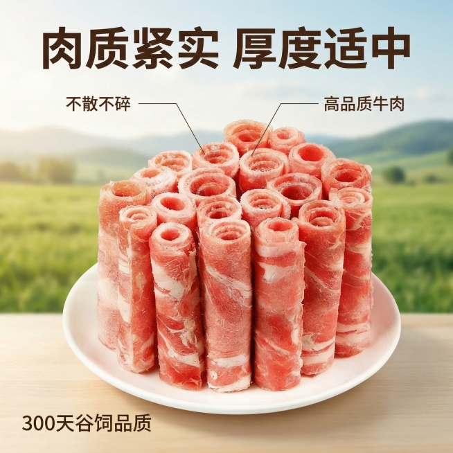 [主图 2] 牛肉卷核心亮点展示
[氛围/风格] 自然生鲜风，突出品质新鲜。
[画面元素] 保持原产品牛肉卷主体不变，背景融入干净牧场草地远山氛围，自然暖光，突出肉质紧实纹理，保留产品原有外观形态，整预览效果