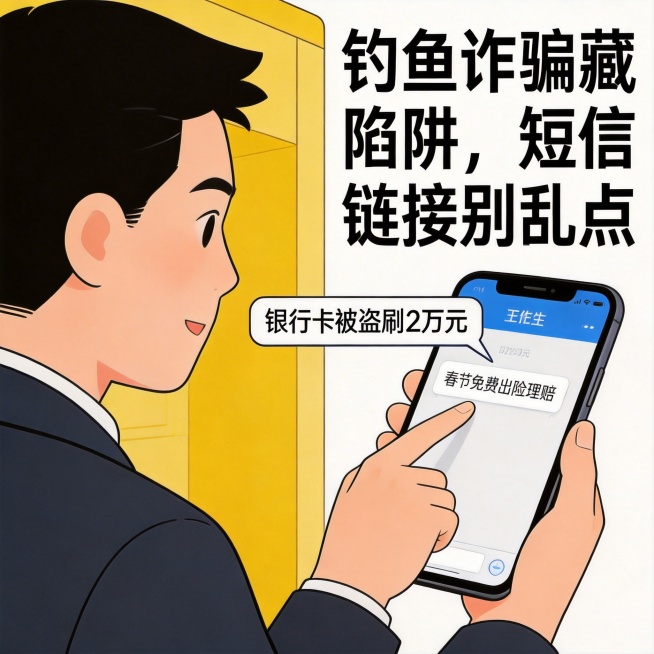 将画面替换为：王先生看着手机上的“春节免费出险理赔”短信，手指悬停在链接上方，旁边显示银行卡被盗刷2万元的提示框，配文“钓鱼诈骗藏陷阱，短信链接别乱点”，保持原插画风格预览效果