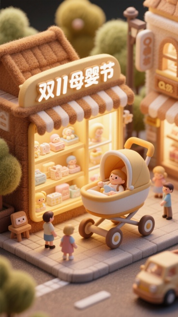 这幅画面以棕黄色调为主，画面中央是一个巨大的婴儿车，上面写着“双11母婴节”。车内有一个母婴用品橱窗展示柜。背景是购物街。毛毡风格。高饱和色彩。预览效果
