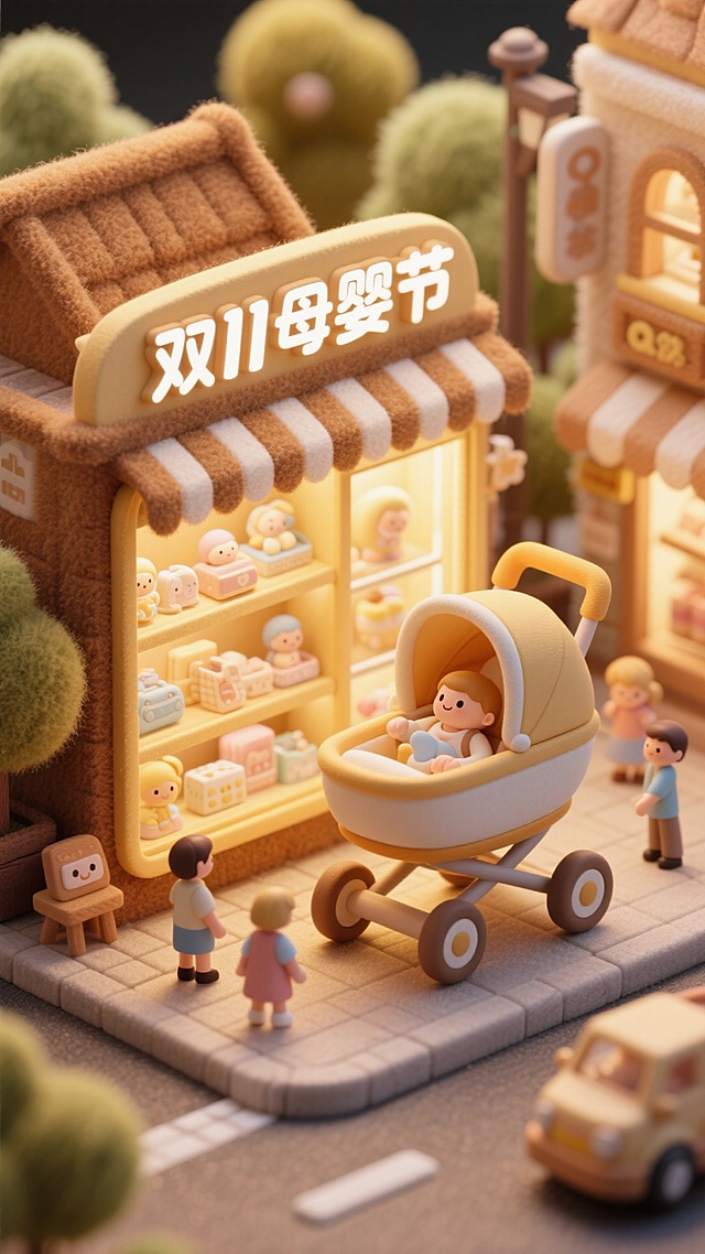 这幅画面以棕黄色调为主，画面中央是一个巨大的婴儿车，上面写着“双11母婴节”。车内有一个母婴用品橱窗展示柜。背景是购物街。毛毡风格。高饱和色彩。