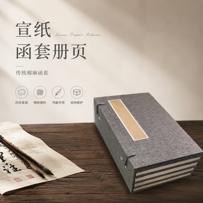 「图片1」，生成电商主图（1张），商品名称是宣纸函套册页，卖点是4本装，适配淘宝/天猫平台，主图比例为1:1预览效果