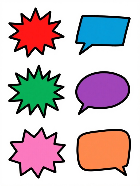 一系列6个不同形状的手绘风格爆炸对话框图案，保持黑色粗轮廓线与内部单色填充的简约设计，每个对话框采用完全不同的放射状尖角造型，分别填充红色、蓝色、绿色、紫色、橙色、粉色，全部置于纯白色纯色背景上，呈2行3列规整网格排布，整体保持原图像的手绘质感与简洁风格，色彩鲜明且对比强烈，图形元素独立清晰。预览效果