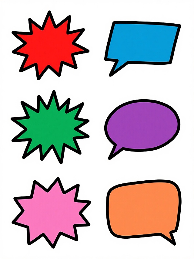 一系列6个不同形状的手绘风格爆炸对话框图案，保持黑色粗轮廓线与内部单色填充的简约设计，每个对话框采用完全不同的放射状尖角造型，分别填充红色、蓝色、绿色、紫色、橙色、粉色，全部置于纯白色纯色背景上，呈2行3列规整网格排布，整体保持原图像的手绘质感与简洁风格，色彩鲜明且对比强烈，图形元素独立清晰。