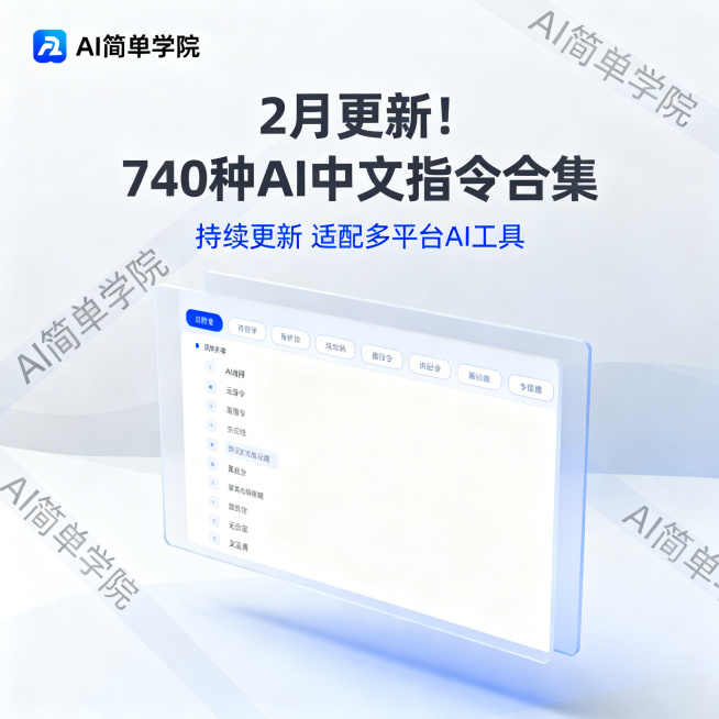 极简科技风详情图，背景是浅灰蓝渐变的干净数字界面，画面中央是悬浮的AI指令合集列表，搭配简洁的分类标签，左上角放置清晰的AI简单学院Logo和文字，背景添加微透明斜向的AI简单学院防盗水印。文字用深灰预览效果