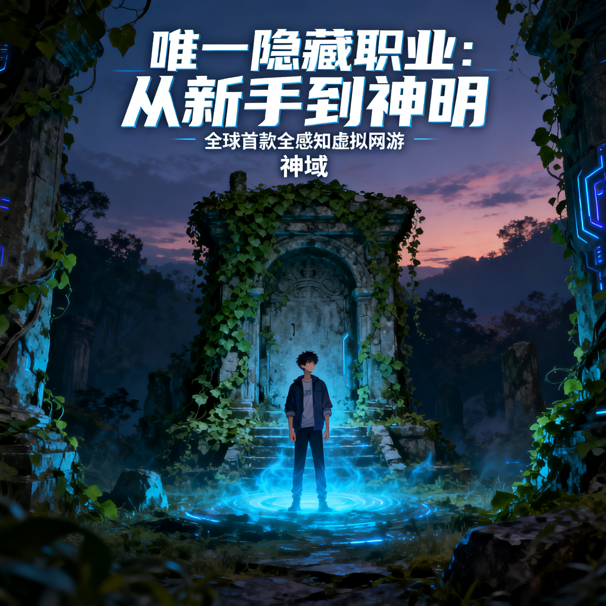 小说封面，全球首款全感知虚拟网游《神域》，暮色中的新手村边缘，… - 图片创意预览