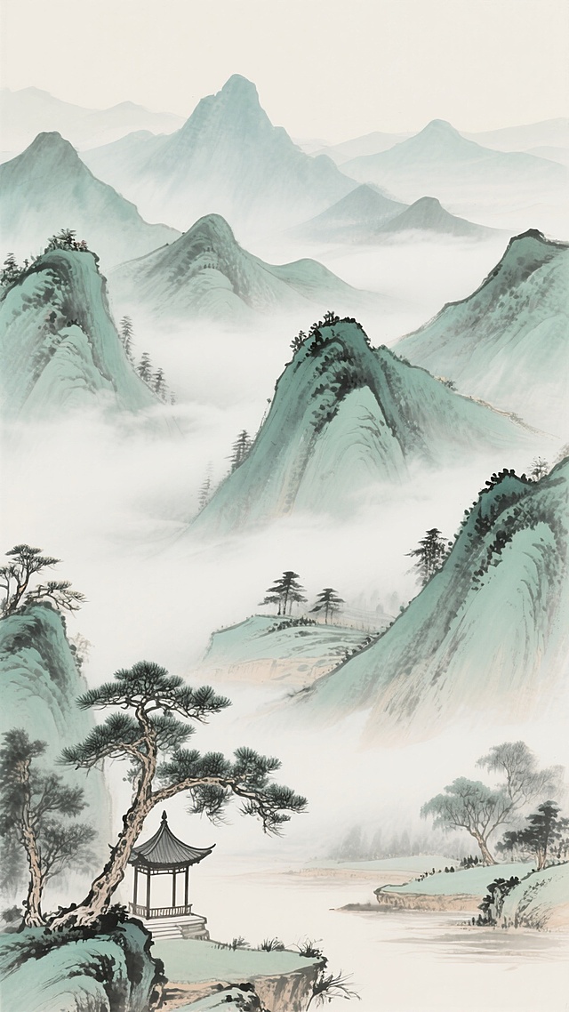 中国传统水墨画风格的中式山峦背景，以淡墨和青绿为主色调，运用湿润的笔触和渲染技法表现层叠起伏的远山，山间云雾缭绕，呈现出朦胧空灵的意境，近景处点缀几棵苍劲的松树和古朴的亭台，构图遵循山水画的深远透视原则，整体画面清雅幽静，充满东方韵味