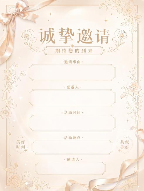 竖版邀请函海报，温柔轻奢奶油风，浅奶咖渐变底色，浅金色细碎花艺线条做边框装饰，整体干净柔和，画面分层布局。顶部预留大号标题文字框，中间分段预留邀请事由、受邀人、活动时间、活动地点、邀请人落款空白区域，预览效果