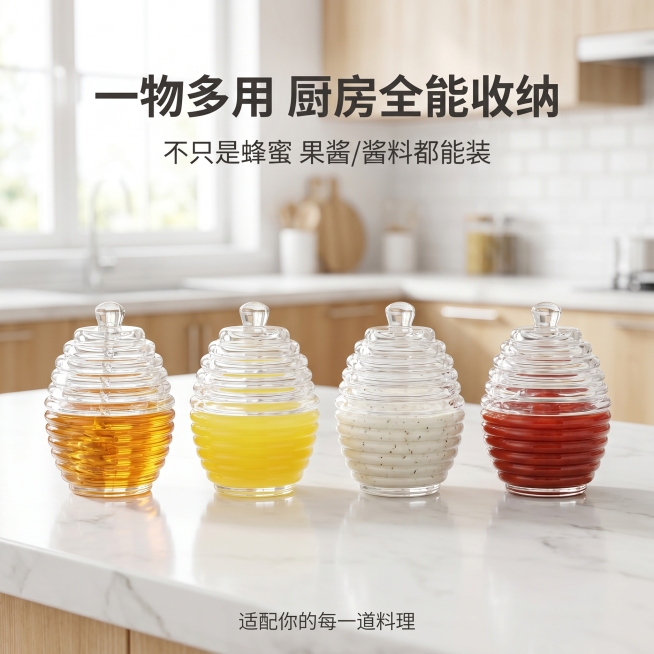 [主图-2] 核心卖点展示，多用途一物多用展示图。
[氛围风格] 整洁明亮的厨房台面展示，实用干净氛围；
[画质] 商业摄影质感，光线柔和通透，产品清晰真实，画面干净高级。
[元素] 四个不同的蜂巢玻预览效果