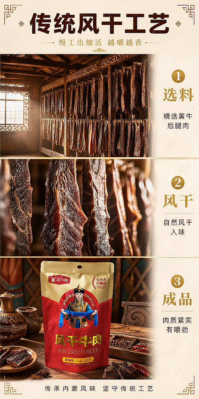 [第4屏] 工艺解析-金马鞍风干牛肉传统风干工艺。本屏使用【图2】香辣味红袋作为产品辅助展示。
[氛围/风格] 传统工艺感 匠心品质 真实场景 民族风。
[元素布局] 画面采用三图纵向拼接版式：上图为内蒙古传统风干房内景，一排排牛肉条悬挂风干，木架结构有民族纹样；中图为特写的风干牛肉条，表面纹理清晰，肉质紧实有光泽；下图为金马鞍风干牛肉香辣味包装袋（与输入产品图绝对一致）置于传统木桌上，旁边放有香料与牛肉干。三图之间有金色分隔线与步骤编号。
[光影质感] 上图为柔和自然光从窗户射入，形成明暗对比的风干氛围；中图侧逆光打亮牛肉纤维；下图桌面自然光，产品受光均匀。整体暖调，突出传统匠心感。
[配色色系] 全局底色 #F5EFE6 暖米色；主色 木色棕+牛肉棕+金色；辅助色 草原绿、马鞍红点缀。
[视角构图] 纵向三段式构图，自上而下阅读；每段为独立场景，中间用文字与编号串联。
[文字版式] 顶部主标题「传统风干工艺」，深棕色粗黑体；副标题「慢工出细活 越嚼越香」，金色细体。三图右侧分别标注步骤：「① 选料 精选黄牛后腿肉」「② 风干 自然风干入味」「③ 成品 肉质紧实有嚼劲」；标题金色粗体，说明深棕细体。底部小字「传承内蒙风味 坚守传统工艺」。
[比例分辨率] 1:2 竖版比例，4K分辨率，文字清晰可辨，高清画质。
[负向提示词] 变形，水印，文字错乱，文字过小，缺件错件，颜色偏差，包装文字错乱，产品图模糊，背景杂乱。