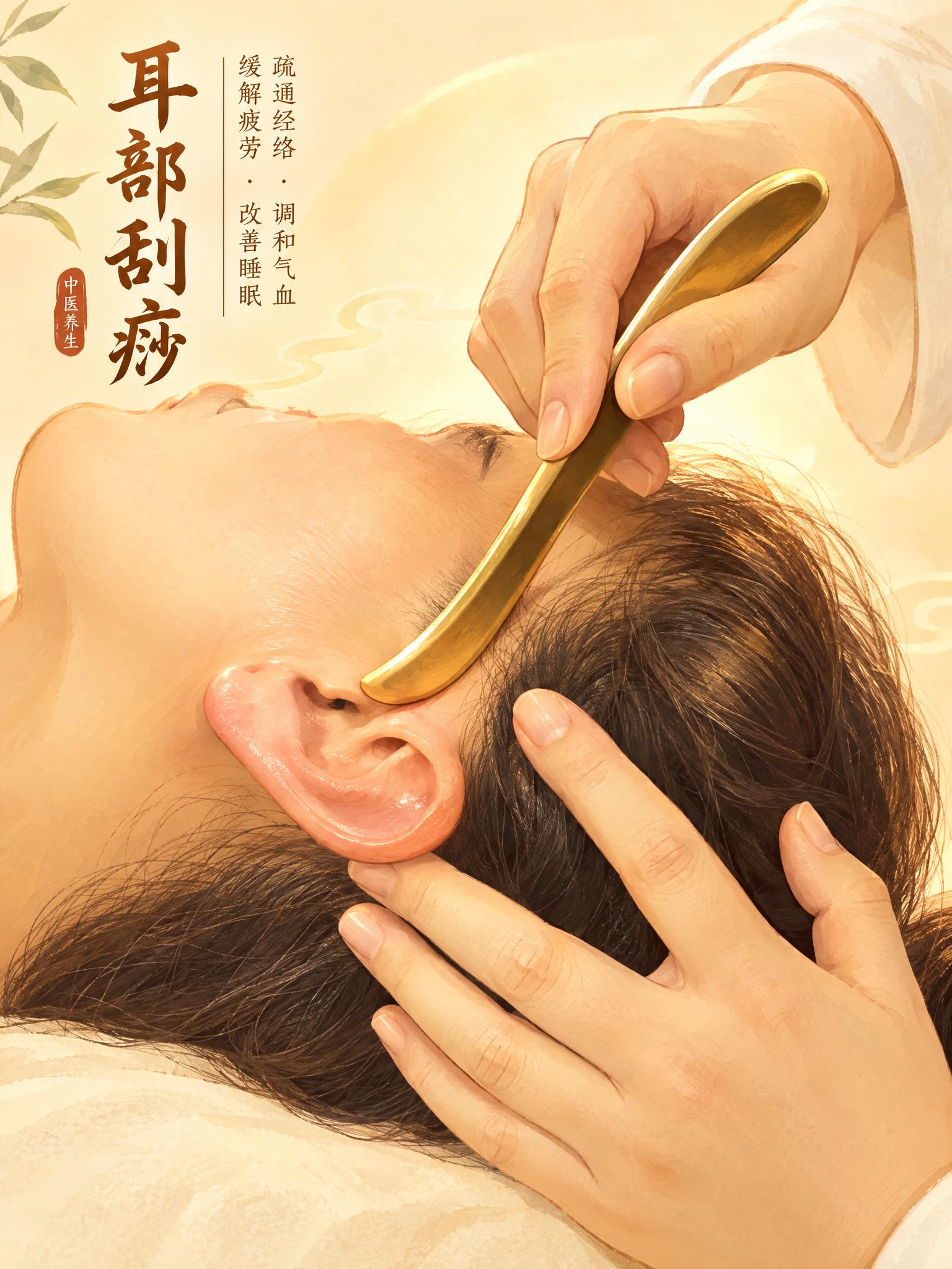 暖光疗愈插画风，中医科普宣传壁画风格。画面为耳部刮痧理疗场景，… - 图片创意预览