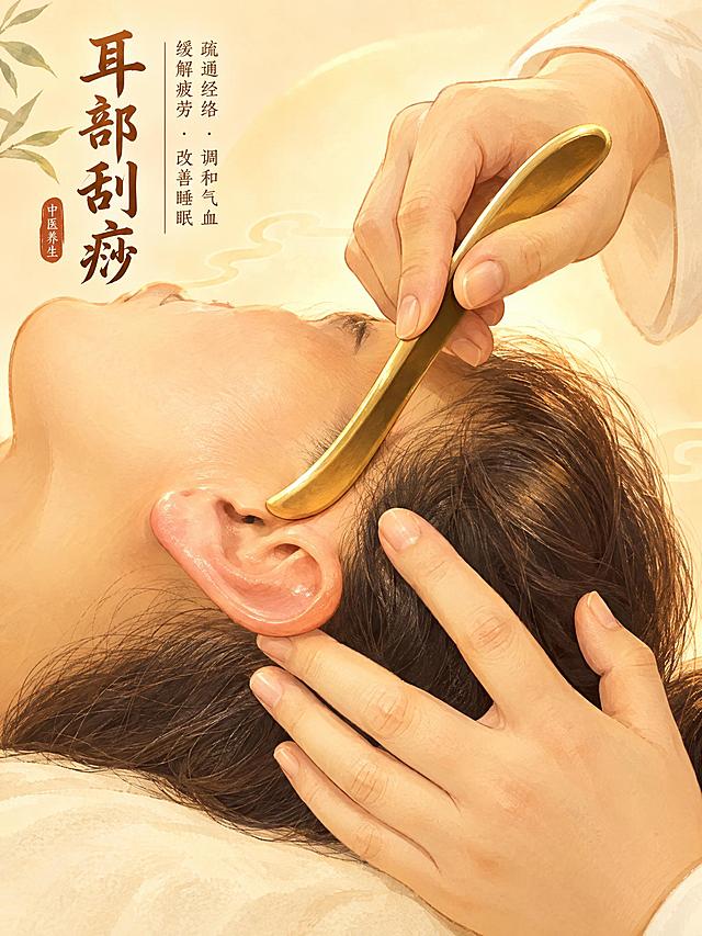 暖光疗愈插画风，中医科普宣传壁画风格。画面为耳部刮痧理疗场景，技师用金色刮痧板为顾客进行耳部刮痧护理，去除多余的杂乱背景。采用温暖柔和的暖黄色调，治愈系手绘插画风格，线条柔和流畅，色彩温润舒适，背景为纯净的暖米色，带有淡淡的光晕效果，营造温馨疗愈的养生氛围。
