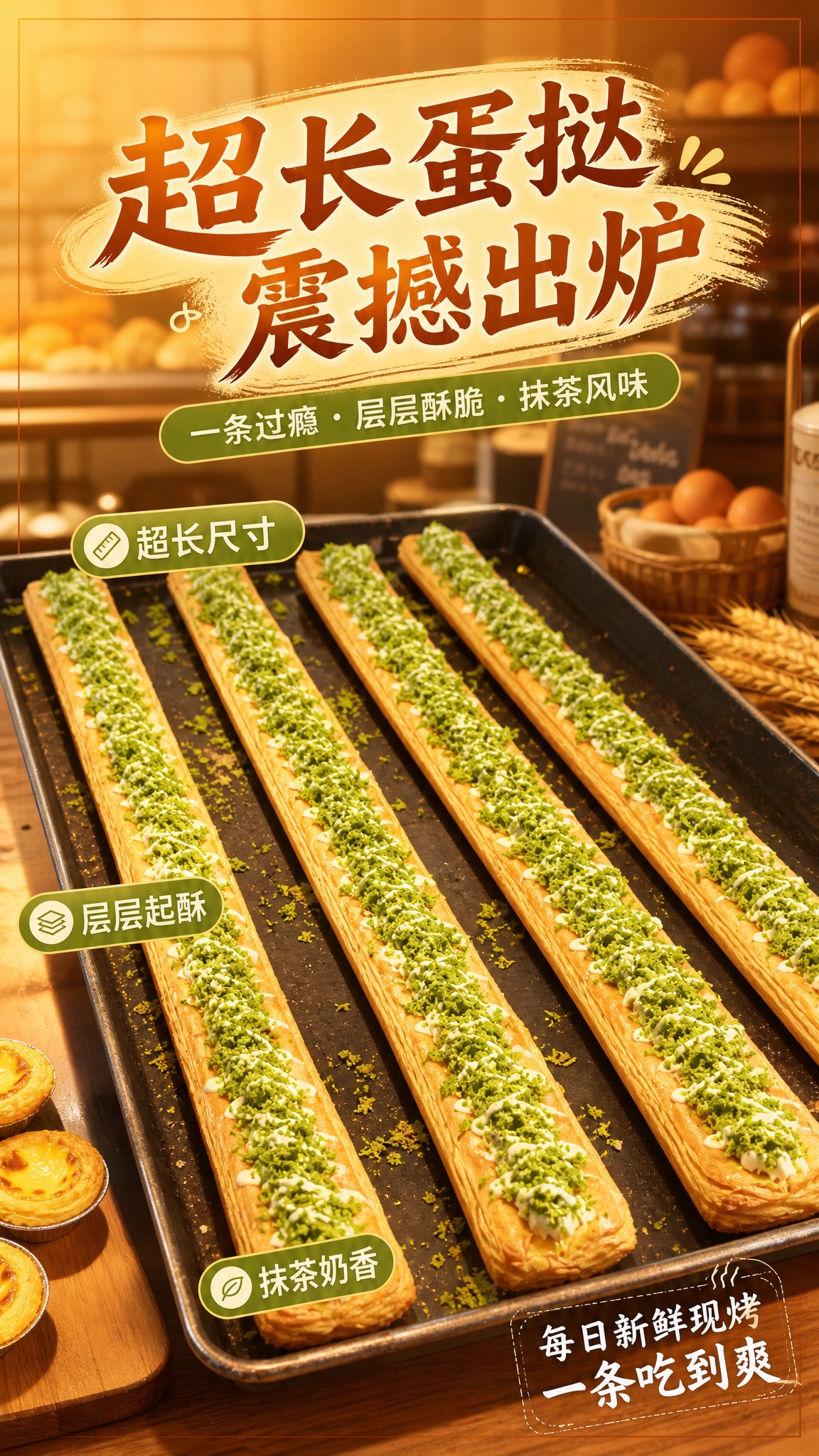 基于上传的超长蛋挞商品图，生成一张超长蛋挞主题的商品营销海报。… - 图片创意预览