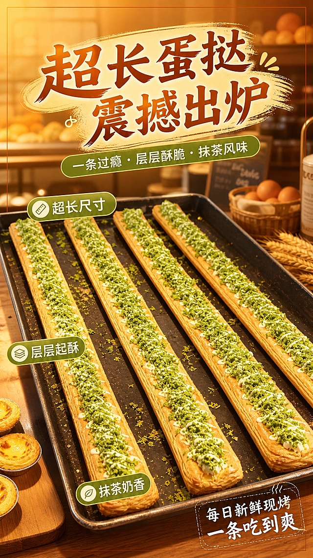 基于上传的超长蛋挞商品图，生成一张超长蛋挞主题的商品营销海报。画面主体为图中的长条状超长蛋挞，表面覆盖绿色碎末装饰与白色淋酱，酥皮层次分明，呈现刚出炉的诱人食欲感，100%还原上传商品图的产品外形、酥皮结构、绿色碎末装饰、白色淋酱样式与颜色，以上传图为唯一商品主体来源。背景为温暖的烘焙店氛围，暖橙黄色调，柔和暖光从侧前方照射，营造麦香四溢、手作温度的治愈感。画面上方为主标题区，主标题文字为"超长蛋挞 震撼出炉"，字体醒目温暖；副标题为"一条过瘾 · 层层酥脆 · 抹茶风味"。画面中分布3个卖点标签："超长尺寸"、"层层起酥"、"抹茶奶香"，以圆角小标签形式呈现。右下角有辅助文案"每日新鲜现烤"和"一条吃到爽"。整体版式精美，超长蛋挞为视觉焦点，商品主体占比约55%~65%，文字不遮挡蛋挞主体。四周留有安全边距，排版层次分明。写实商业摄影风格，暖橙黄主色调搭配抹茶绿点缀，食欲感强。画面中所有信息区域必须填充完整合理的内容，不得出现空白框或占位区域。