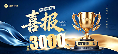 企业美业医美房地产高端蓝金月度销售业绩喜报战报朋友圈宣传横板banner海报
