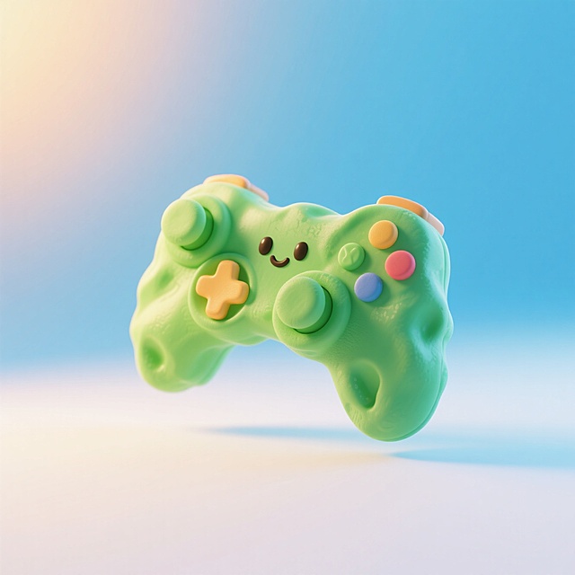 3D风格的可爱游戏手柄，拟人化设计，笑脸生动，色彩柔和，充满童趣。