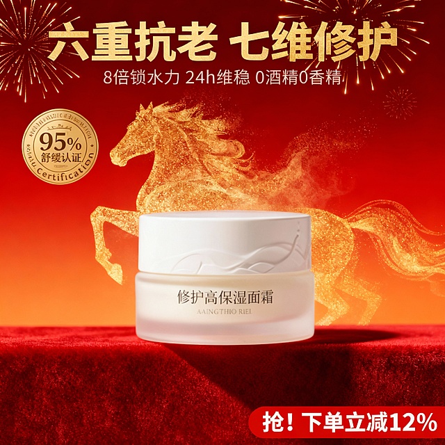 红金渐变为主色调，背景为从上到下深红色到橙红色渐变，点缀金色烟花光效与金色弥散的抽象奔腾骏马形状；画面中央主体质感高级柔和；顶部用金色加粗艺术字呈现标题“六重抗老 七维修护”，下方副标题为“8倍锁水力 24h维稳 0酒精0香精”；左侧设置金色圆形认证徽章，内有“99%舒缓认证”字样与英文“Certification”环绕；底部是红色绒面质感的台面，画面底部右侧用醒目的红底白字突出“抢！下单立减12%”的促销信息