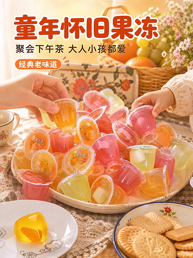 [商品] 使用用户图7图23、图8图24；保留多杯堆头的包装细节、封膜文字与脱模果冻的杯型、果肉质感原貌，不得改写包装文字；堆头数量与杯型保持真实。
[画面] 第8张收尾转化页，目标营造童年怀旧与聚会下午茶分享氛围；暖调餐桌上多杯果冻与一盘脱模果冻错落摆放，旁边搭配旧式搪瓷盘、花布、水果与下午茶小点心，一只成人手和一只儿童手自然分享拿取果冻；产品占画面65%；餐桌、花布、点心、人物局部构成至少3层环境元素；场景温暖治愈、有怀旧感。
[视觉] 套系策略：风格=抖音/快手内容电商实拍种草风，暖调治愈食欲感；标题字=圆润粗黑体；正文字=细圆黑体；主色=奶油暖白#FFF6E8；背景延展=奶油暖白到淡蜜黄浅橙渐变、柔和光斑、浅木纹或低饱和水果色块；强调色=鲜果橙#FF8A3D，仅用于小面积图标、引线、圆形标签；标题色=深橙红#E2571B；正文色=深咖#5A3A1E；组件=圆角半透明白色信息卡、细白引线、圆形小标签；光影=自然暖阳侧逆光，果冻通透、柔和接触阴影；字效=主标题白色细描边。
[文字] 画面上部主标题“童年怀旧果冻”（圆润粗黑体、深橙红、白色细描边），副标题“聚会下午茶 大人小孩都爱”（细圆黑体、深咖色），一个小标签写“经典老味道”；全部横向排版，不遮挡产品与人物动作。
[规格] 抖音/快手详情页3:4竖版，4K，产品与包装文字清晰；禁止畸形、错字、水印、平台Logo、多余手指、融合手指、竖排或旋转文字、冷蓝冷灰主色、文字过小、儿童面部扭曲。