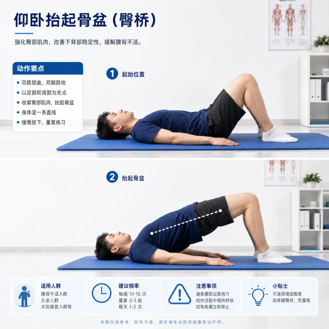 真人展示康复动作：仰卧抬起骨盆，仰卧位双膝屈曲，以足和背部作支点抬起骨盆，医疗康复科普示意图，清晰专业，光线明亮预览效果