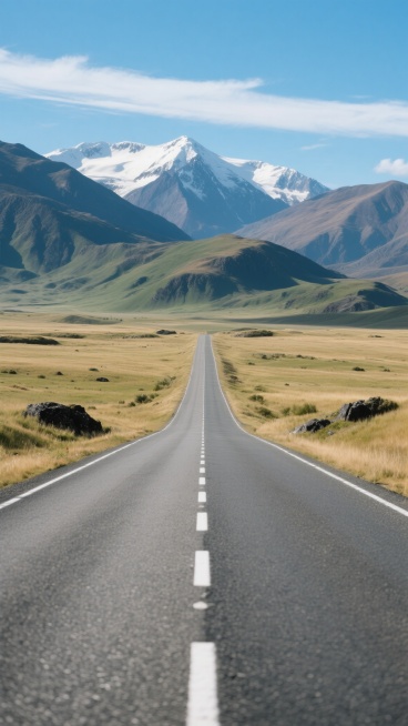一条笔直延伸的沥青公路，路面呈现出细腻的颗粒质感，中央有白色的实线分隔，两侧为白色虚线边缘线。公路向远方延伸，逐渐消失在视野的尽头，形成强烈的纵深感和透视效果。公路两侧是广袤的草原，草地上点缀着稀疏的低矮植被和黑色的岩石。远处是连绵起伏的雄伟山脉，山顶覆盖着皑皑白雪，山体呈现出深绿色和灰褐色的自然过渡。天空湛蓝而清澈，飘着几缕轻薄的白色云彩，阳光明媚，光线充足，在路面和草地上投下清晰的光影，营……预览效果