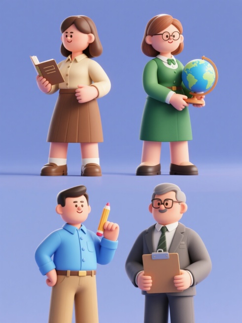 四个规整排布的3D卡通风格老师形象，包含不同性别与动作，造型简约现代。左侧上方是女性语文老师，穿着米色衬衫与棕色半身裙，手持书本；左侧下方是男性数学老师，穿着蓝色衬衫与卡其色裤子，手持粉笔；右侧上方是预览效果
