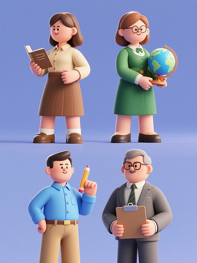 卡通感3D角色风设计，展现教师职业形象，生动立体，色彩鲜明，富有教育创意。
