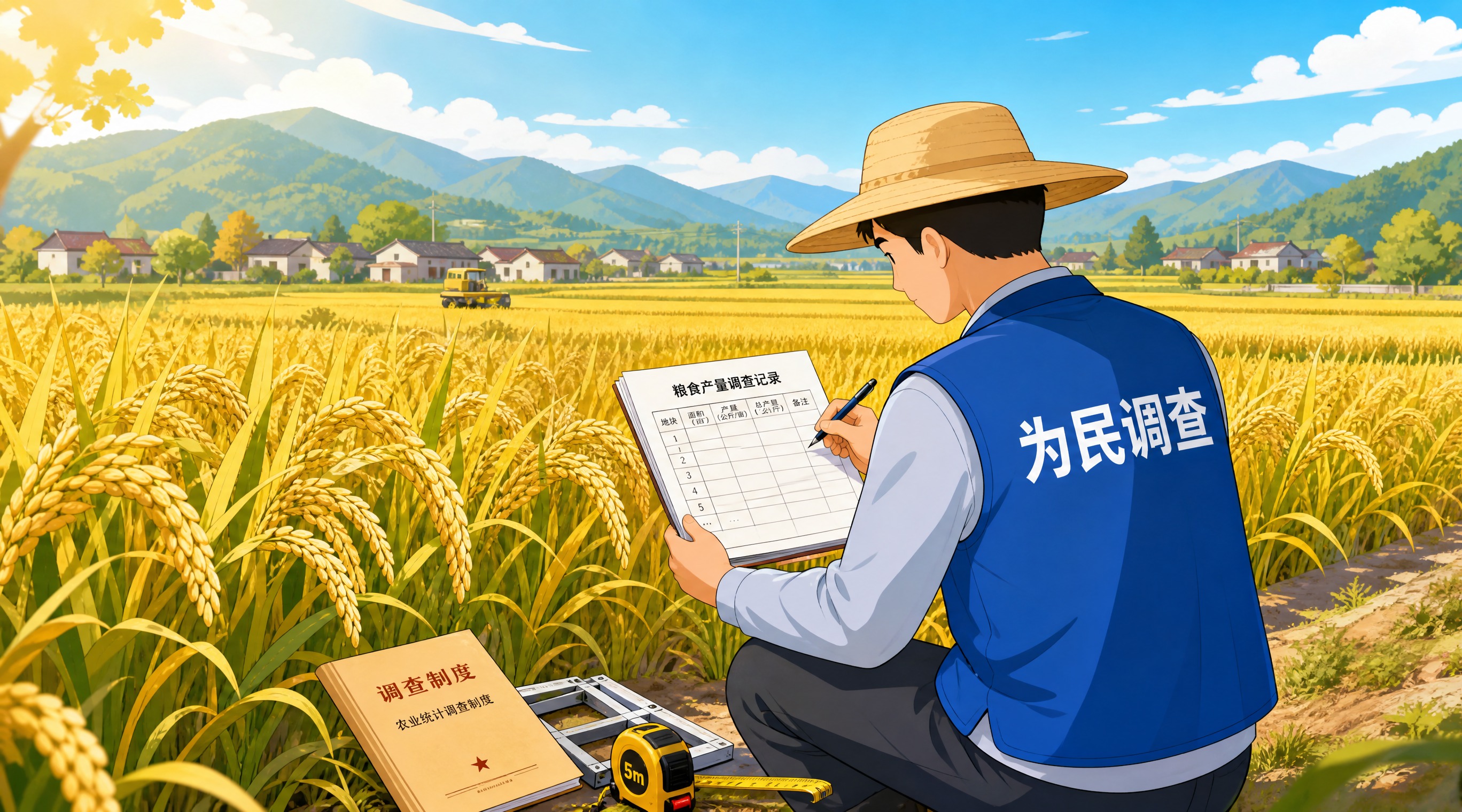 扁平卡通插画风格，暖色调。一位男调查员身穿蓝色马甲，马甲背后清… - 图片创意预览