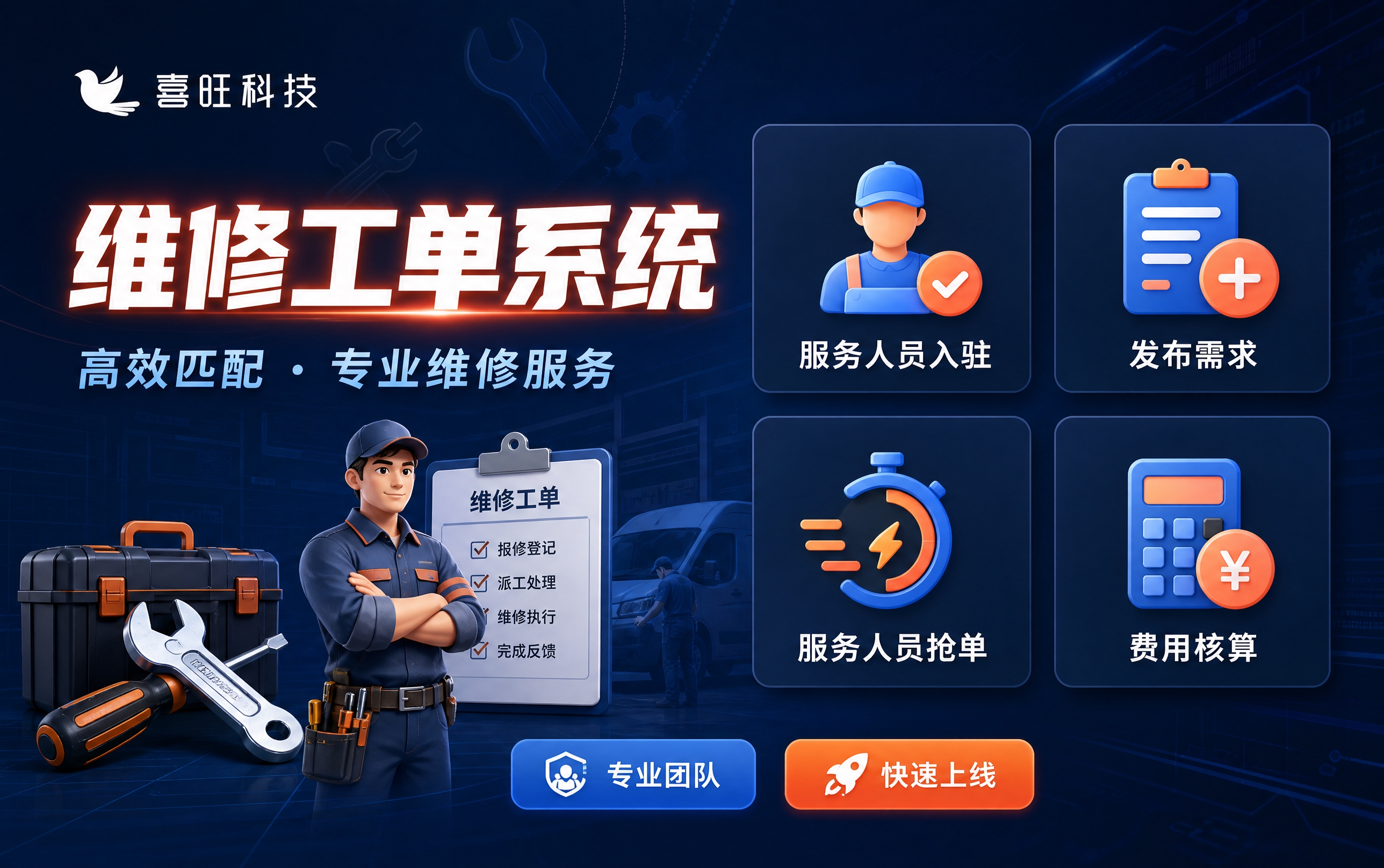 专业服务风维修工单系统宣传海报，横版构图1280x800，左上… - 图片创意预览
