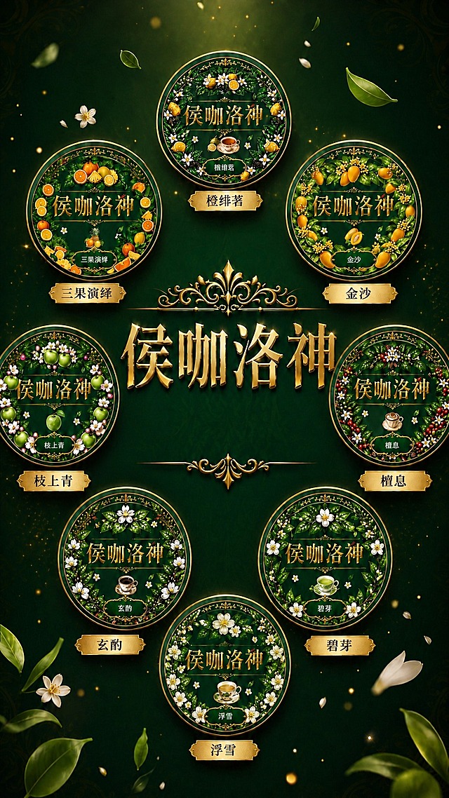 在原图基础上精准修改：去除画面最下方玄酌、碧芽、浮雪三款产品外围那两圈最大的金色弧形外环线条（即连接底部产品的大金色圆圈弧线），只保留产品本身的圆形徽章和产品下方的金色名称标签。其余所有元素完全保持不变：上方的金色装饰线条保留、中心标题侯咖洛神保留、所有八款产品徽章及其外观LOGO文字配色100%还原不变、背景深绿金调不变、漂浮的茶叶花瓣光点保留、左右两侧的绿色枝叶保留、整体高级精致风格不变。所有产品徽章保持完美正圆形不变形。