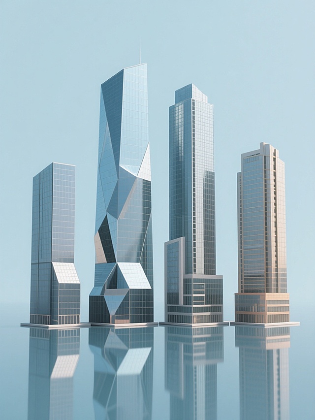 现代城市建筑群，极简3D风格，纯色背景，每个建筑拥有独特几何形状，包含高楼大厦、不同高度的摩天楼，金属质感玻璃幕墙，底部有倒影效果，整体色彩变换为四种不同色调，规整排布，建筑细节清晰，线条硬朗，光影柔和，简洁大气的设计感，保持原元素内容，形成四个完全不同形状的城市建筑系列素材集合。