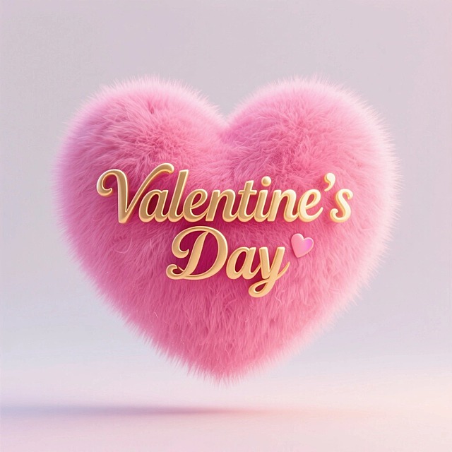 粉色爱心漂浮在空中，爱心上写着金色艺术字“Valentine‘s Day”