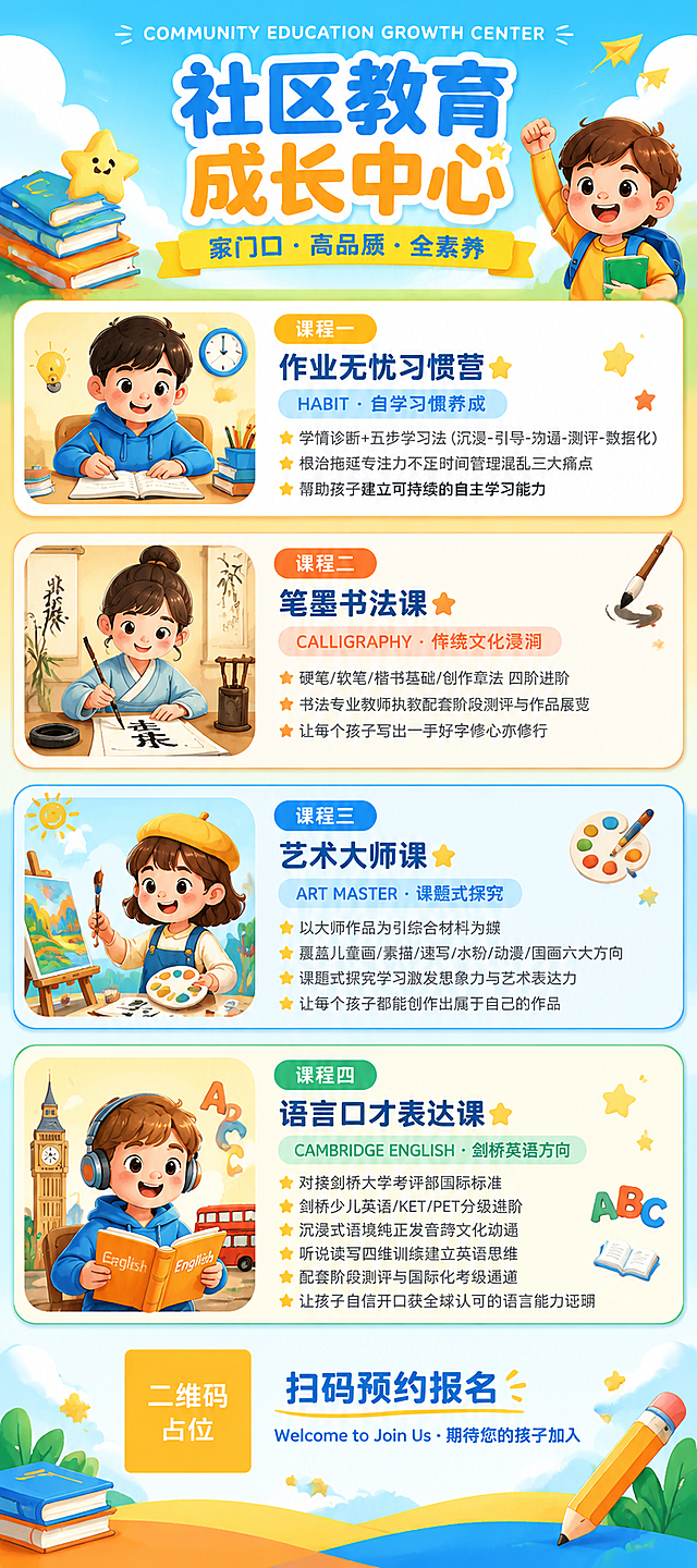 社区教育成长中心招生易拉宝海报，竖向超长幅，童趣温馨专业教育风格。画面顶部装饰英文小字"COMMUNITY EDUCATION GROWTH CENTER"，下方大主标题"社区教育成长中心"，副标题"家门口 · 高品质 · 全素养"。中部四个课程卡片竖向排列，每个卡片有彩色图标和标题：课程一"作业无忧习惯营"配英文"HABIT · 自学习惯养成"，内容要点：学情诊断+五步学习法（沉浸-引导-沟通-测评-数据化）、根治拖延专注力不足时间管理混乱三大痛点、帮助孩子建立可持续的自主学习能力；课程二"笔墨书法课"配英文"CALLIGRAPHY · 传统文化浸润"，内容要点：硬笔/软笔/楷书基础/创作章法 四阶进阶、书法专业教师执教配套阶段测评与作品展览、让每个孩子写出一手好字修心亦修行；课程三"艺术大师课"配英文"ART MASTER · 课题式探究"，内容要点：以大师作品为引综合材料为媒、覆盖儿童画/素描/速写/水粉/动漫/国画六大方向、课题式探究学习激发想象力与艺术表达力、让每个孩子都能创作出属于自己的作品；课程四"语言口才表达课"配英文"CAMBRIDGE ENGLISH · 剑桥英语方向"，内容要点：对接剑桥大学考评部国际标准、剑桥少儿英语/KET/PET分级进阶、沉浸式语境纯正发音跨文化沟通、听说读写四维训练建立英语思维、配套阶段测评与国际化考级通道、让孩子自信开口获全球认可的语言能力证明。底部区域有二维码占位符（纯色方块中央标注"二维码占位"文字），配文字"扫码预约报名"和"Welcome to Join Us · 期待您的孩子加入"。整体配色明亮活泼，天蓝+明黄+橙色为主，圆角卡片分区，童趣装饰元素（星星、书本、铅笔、云朵），版式精美，信息层次分明，四周留安全边距。画面中所有信息区域和课程卡片必须填充完整合理的内容，不得出现空白框或占位横线。画面中所有二维码区域使用纯色方块占位符呈现，方块中央标注"二维码占位"文字，严禁生成任何可识别的二维码图案。画面中必须完整呈现以下文字信息：COMMUNITY EDUCATION GROWTH CENTER、社区教育成长中心、家门口 · 高品质 · 全素养、作业无忧习惯营、HABIT · 自学习惯养成、笔墨书法课、CALLIGRAPHY · 传统文化浸润、艺术大师课、ART MASTER · 课题式探究、语言口才表达课、CAMBRIDGE ENGLISH · 剑桥英语方向、扫码预约报名、Welcome to Join Us · 期待您的孩子加入。