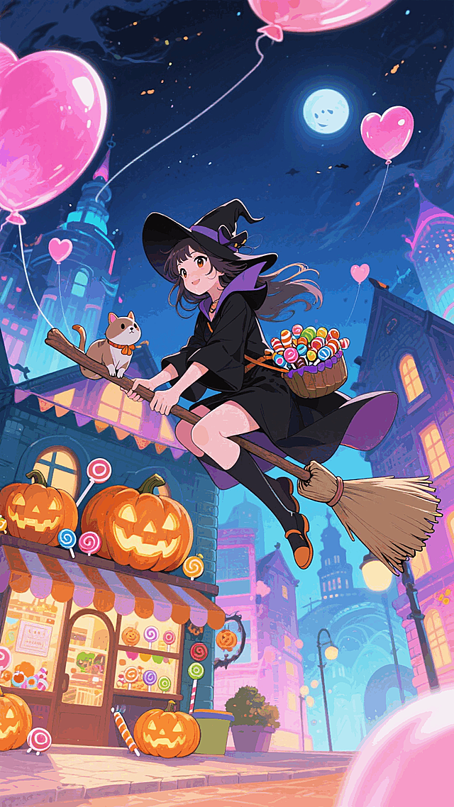 女巫在空中骑着扫帚载着小动物送糖果，南瓜造型的店铺，周围有南瓜灯、糖果等元素装饰，空中漂浮粉色爱心气球，背景是充满奇幻感的都市建筑，万圣节氛围