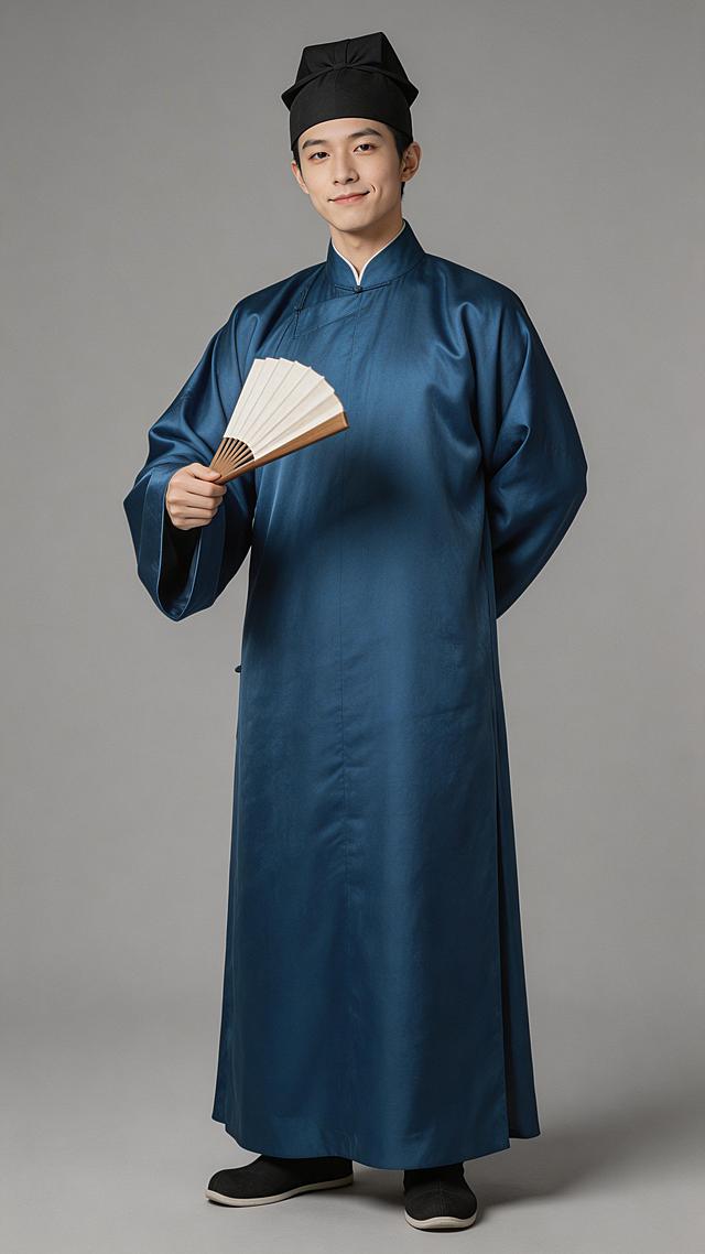 全身照，正视图，灰色背景现实风格，纹理细腻，全身站立，严格6:8头身比例，体态匀称，腿部修长，东方人体比例，精准稳定。二十二岁东方男性，尖脸细眉小眼，面色苍白，嘴角歪斜带微笑，身穿锦缎宝蓝色长袍，头戴黑色幞头，手摇折扇，身体前倾，一手背身后，站姿优雅