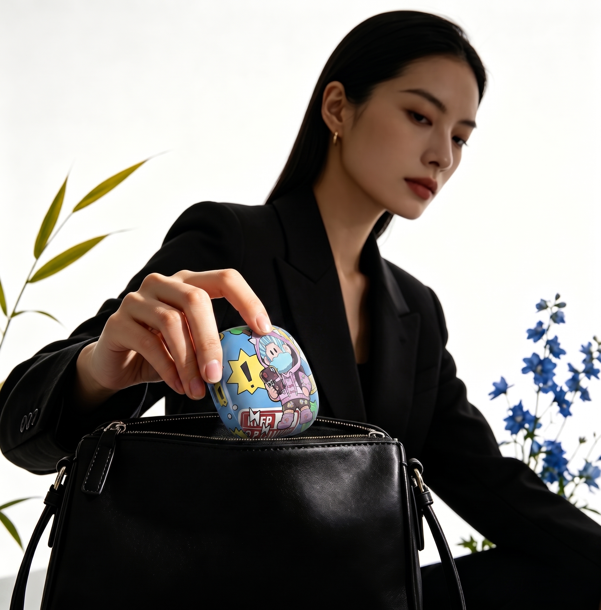 去除蓝牙耳机保护壳的白色背景，将保护壳真实放入图中黑色包包上方… - 图片创意预览