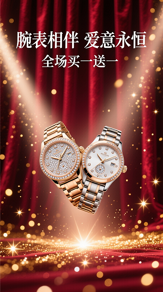 海报采用深邃的勃艮第酒红色背景，犹如天鹅绒幕布。画面中央，一道光束打下，聚焦于一对优雅交叉的男女款奢华腕表。表盘上的钻石与金属细节在光线下熠熠生辉，仿佛悬浮于璀璨星河之中。背景中若隐若现的金色光斑，如同繁星点点。
白色的主标题“腕表相伴 爱意永恒”采用纤细优雅的衬线字体，悬浮于手表上方，与副标题“全场买一送一”形成大小和字重的对比，整体感觉高端、浪漫且充满仪式感。